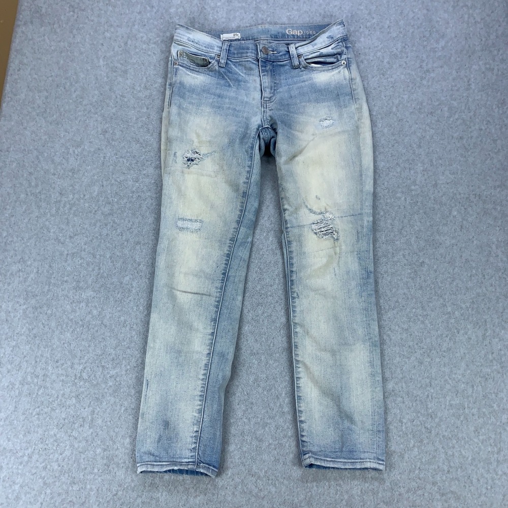 Gap 1969 Girlfriend Jeans Womens 25 Light Wash Distressed Slim Tapered Grunge
